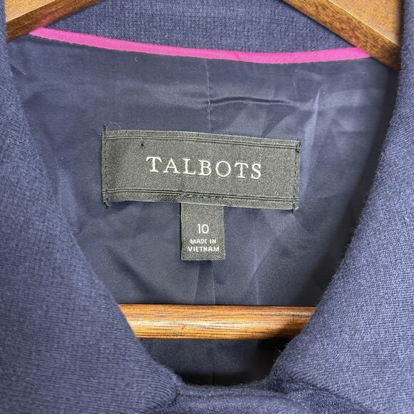 Talbots Blazer Womens 10 Navy Button Front Stretch Lined Peplum Peter Pan Collar - Picture 3 of 7